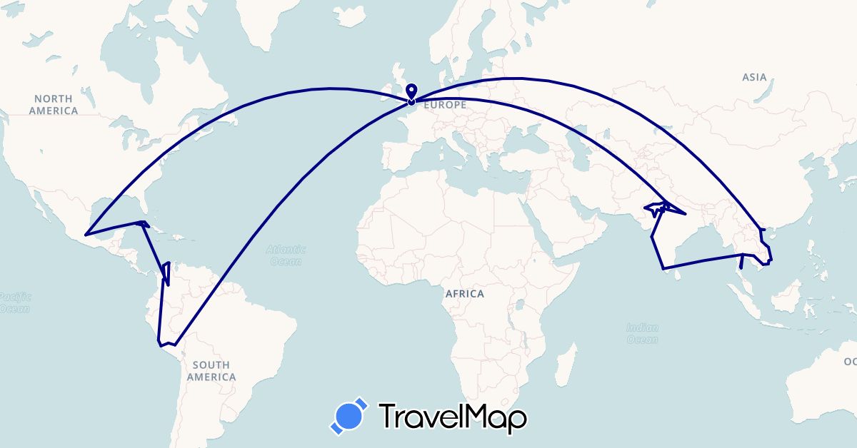 TravelMap itinerary: driving in Colombia, Cuba, United Kingdom, India, Cambodia, Mexico, Peru, Thailand, Vietnam (Asia, Europe, North America, South America)
